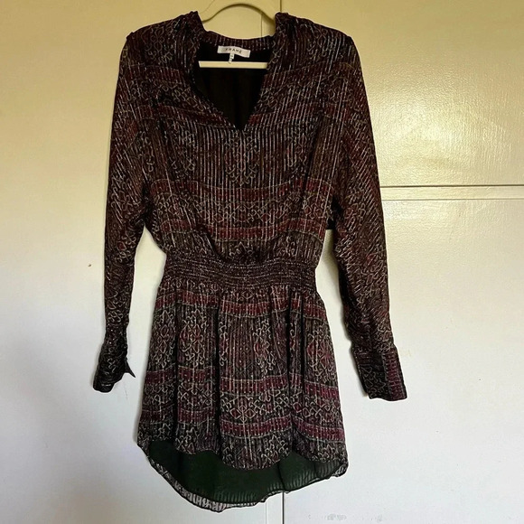 Frame Paisley‎ Metallic Silk Long Sleeve Mini Dress Size Small - Picture 4 of 15